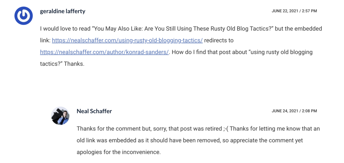Two comments from nealschaffer.com. Geraldine Lafferty, 22 June 2021, reports that a link embedded in a post redirects to the author archive rather than the article she wanted. Neal Schaffer replies on 24 June 2021 confirming the post had been retired and thanking her for flagging the old link. Admin edit controls have been removed from the capture.