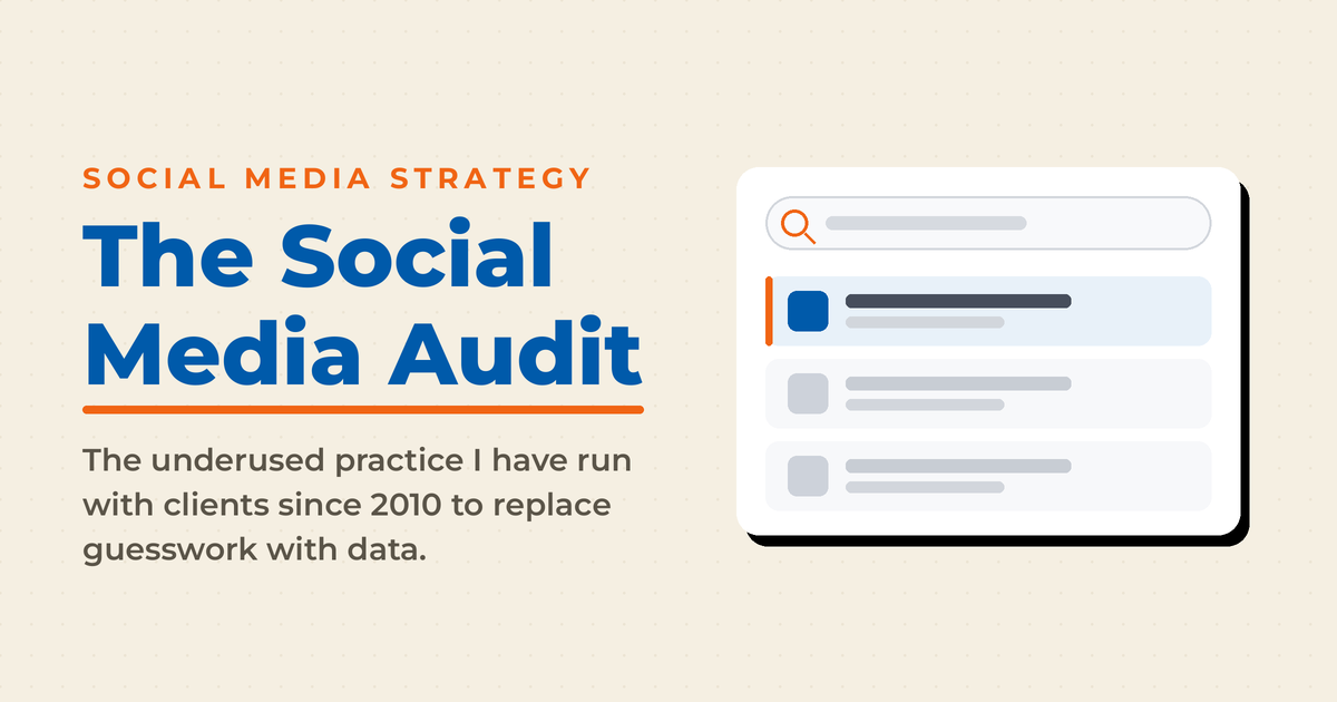 Social media audit featured graphic with a results-panel mockup and audit checklist theme.