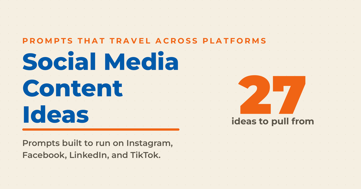 Social media content ideas featured graphic with a large numeral twenty-seven labeled ideas to pull from.