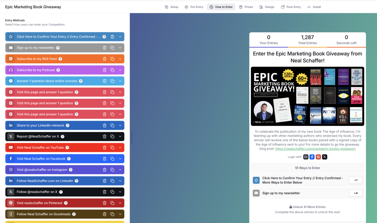 Gleam entry-method setup from Neal Schaffer's Epic Marketing Book Giveaway showing eighteen ways to enter, with newsletter signup weighted at four entries.
