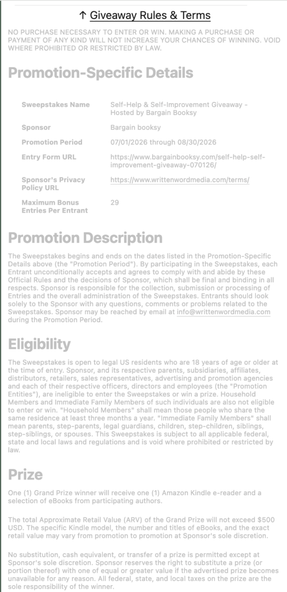 Giveaway rules and terms page limiting entry to United States residents aged eighteen and over, excluding employees and immediate family, with no purchase necessary and void where prohibited.