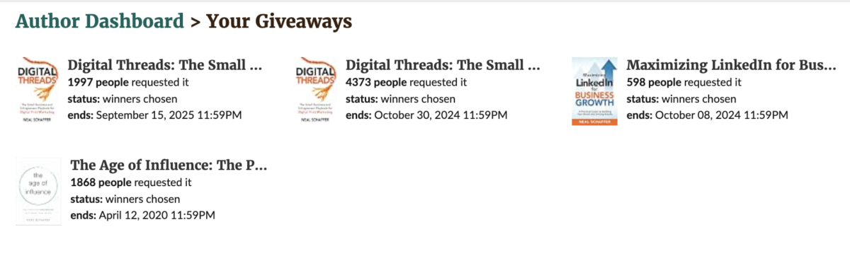 Goodreads Your Giveaways view showing four of Neal Schaffer's book giveaways with their entry request counts.