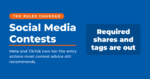 Social Media Contests featured card stating that required shares and tags are out under current Meta and TikTok policy.