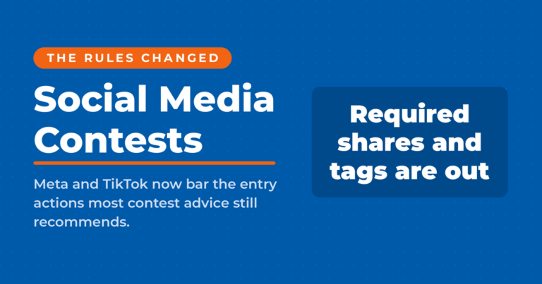 Social Media Contests featured card stating that required shares and tags are out under current Meta and TikTok policy.
