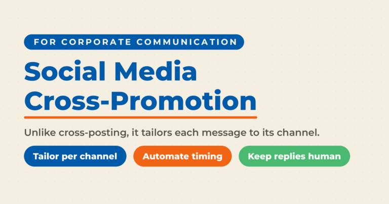 Social Media Cross-Promotion featured graphic on a cream background, noting that unlike cross-posting it tailors each message to its channel, with three pills reading Tailor per channel, Automate timing, and Keep replies human.