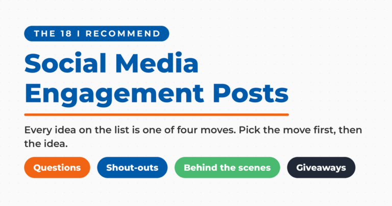 Social Media Engagement Posts featured card showing the four moves behind Neal Schaffer's 18 ideas: questions, shout-outs, behind the scenes, and giveaways.