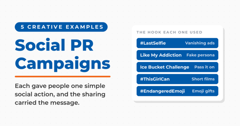 Social PR Campaigns featured card with five creative examples and the hook each one used: #LastSelfie used vanishing ads, Like My Addiction a fake persona, the Ice Bucket Challenge pass it on, #ThisGirlCan short films, and #EndangeredEmoji emoji gifts.