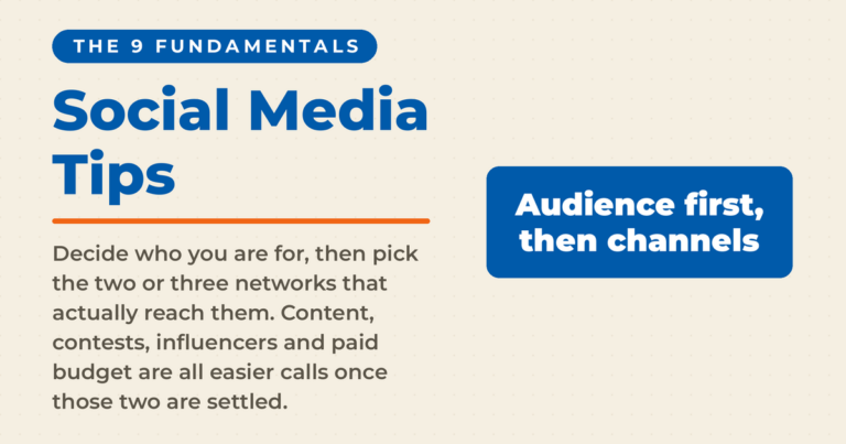 Cream featured card reading Social Media Tips under a chip reading the 9 fundamentals, with an answer box reading audience first, then channels.