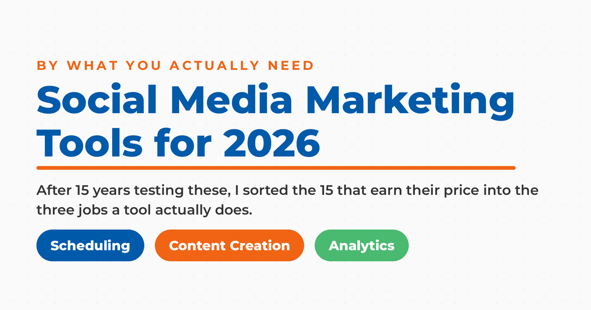 Light featured graphic titled "Social Media Marketing Tools for 2026," with a kicker reading "by what you actually need" and three framework pills: Scheduling, Content Creation, and Analytics.