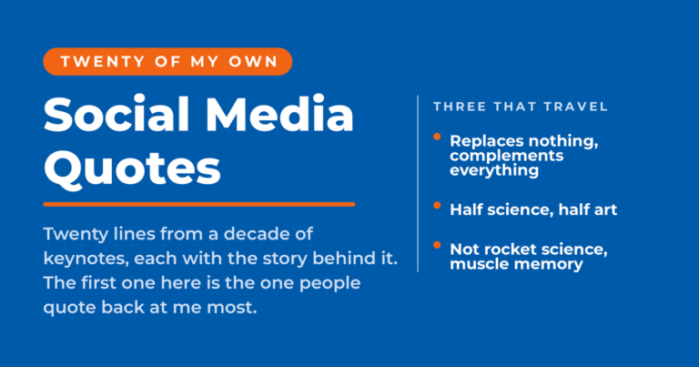 Social media quotes featured card on blue, showing three of Neal Schaffer's own lines: replaces nothing complements everything, half science half art, and not rocket science but muscle memory.