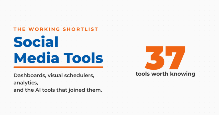 Featured graphic titled Social Media Tools, showing 37 tools worth knowing across dashboards, schedulers, analytics, and AI.