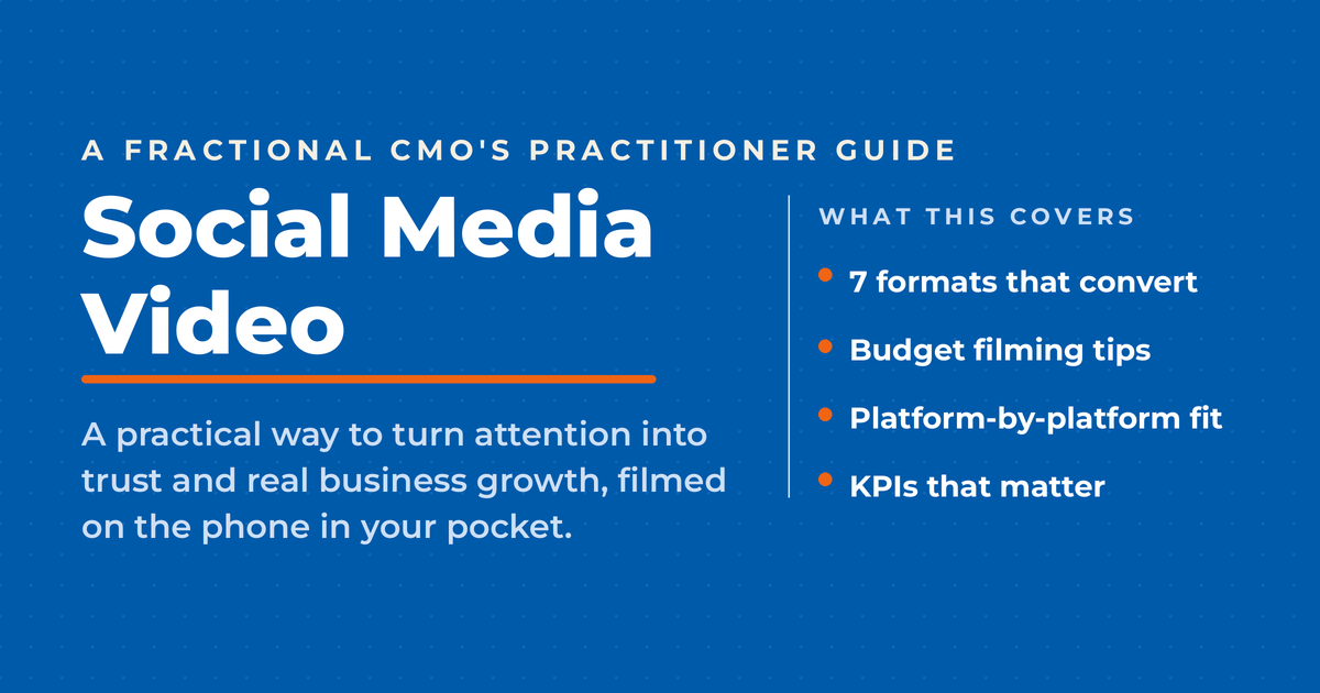 Inverted blue featured graphic titled "Social Media Video," kicker "A Fractional CMO's practitioner guide," with subcopy on turning attention into trust filmed on a phone, and a "what this covers" list: 7 formats that convert, budget filming tips, platform-by-platform fit, and KPIs that matter.