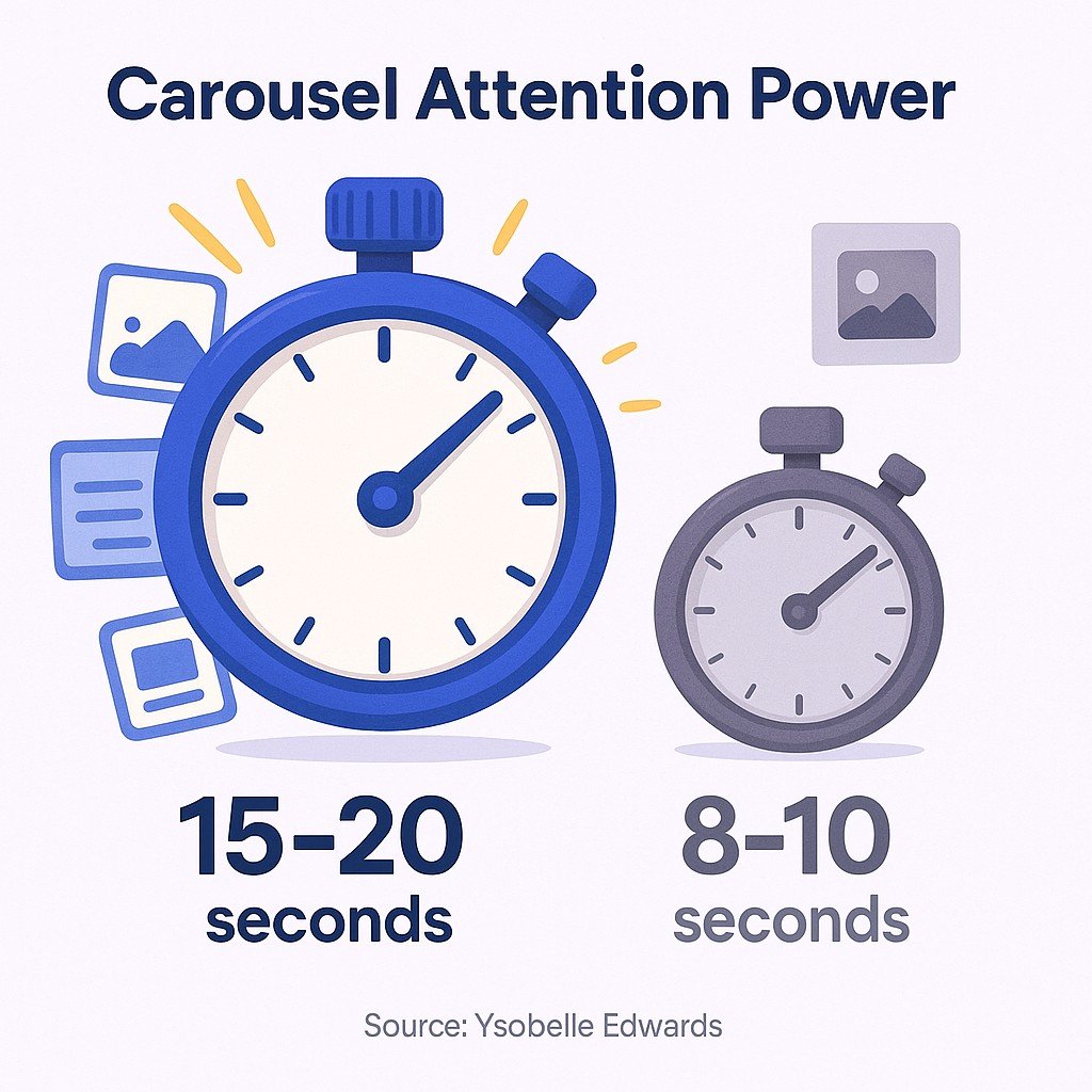 A common concern is whether carousel posts perform well on LinkedIn. Carousel posts are highly engaging, with studies showing carousel-style content maintains user attention longer than other formats, with average dwell times of 15-20 seconds per post compared to 8-10 seconds for single-image or text-only posts.