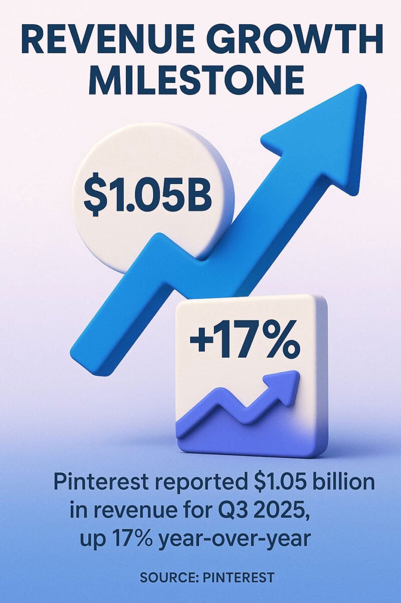 Pinterest revenue Q3 2025 milestone: $1.05B revenue (+17% YoY) signals strong advertiser demand and user engagement.