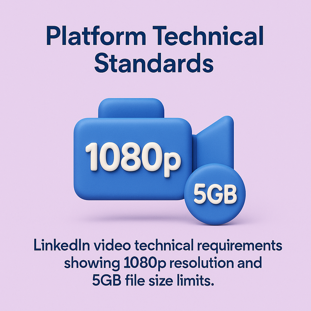 Infographic titled ‘Platform Technical Standards’ featuring a blue 3D video camera icon with ‘1080p’ and ‘5GB’ labels, alongside text explaining LinkedIn’s video requirements of 1080p resolution and 5GB file size limits.