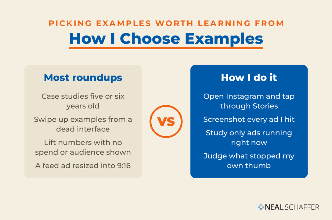 Comparison of what most Instagram Stories ad roundups do against how Neal Schaffer chooses live examples