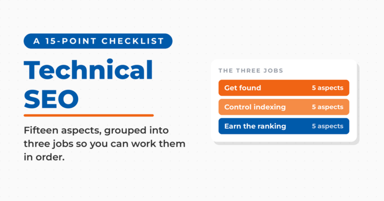 Featured card reading Technical SEO beside a panel grouping the fifteen aspects into get found, control indexing, and earn the ranking.
