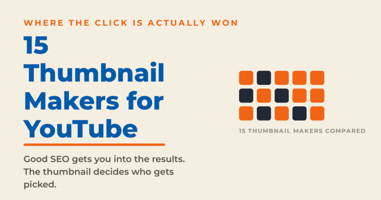 Featured graphic titled "15 Thumbnail Makers for YouTube," with a fifteen-square grid and a note that fifteen thumbnail makers are compared.