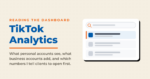 Cream TikTok Analytics card with a mock analytics results panel showing a search bar and ranked rows.