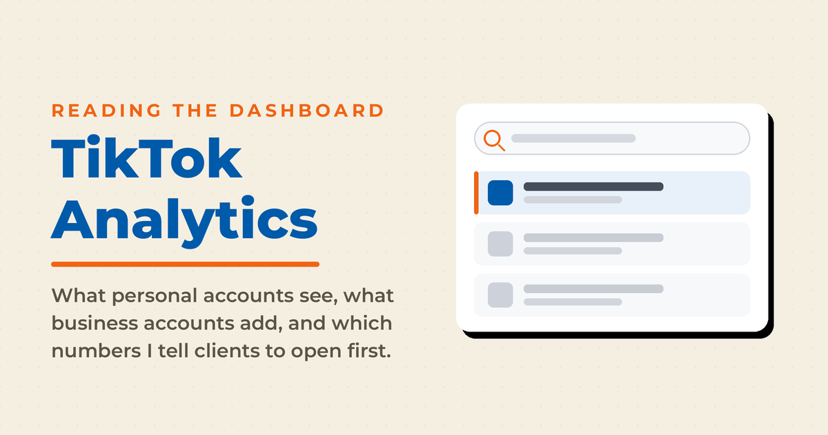 Cream TikTok Analytics card with a mock analytics results panel showing a search bar and ranked rows.