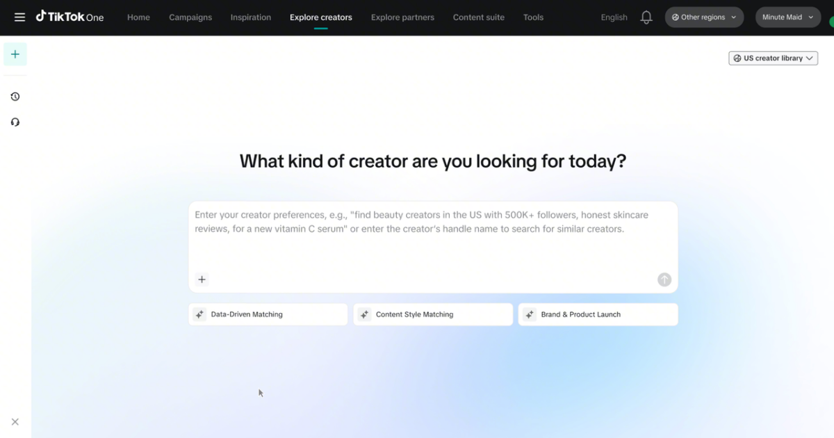 TikTok One Explore creators screen with an AI search box prompting for creator preferences such as niche, location, and follower size