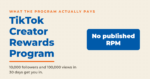 TikTok Creator Rewards Program card showing the 10,000 follower and 100,000 view entry gate beside the answer that TikTok publishes no RPM.