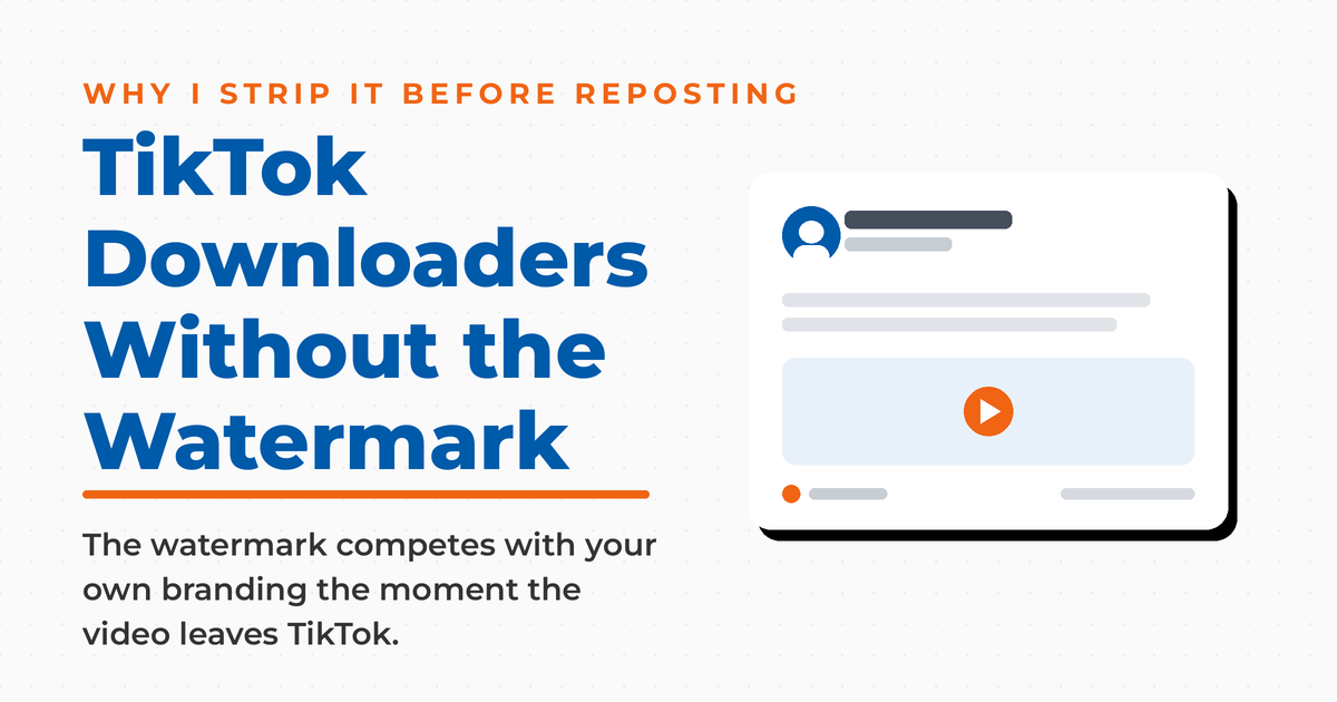 Featured graphic titled TikTok Downloaders Without the Watermark, with a kicker reading why I strip it before reposting and a social post preview showing a video ready to repurpose.