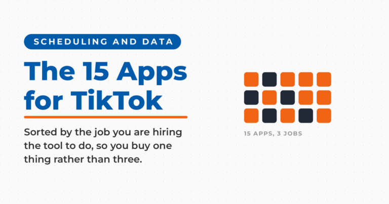 The 15 Apps for TikTok featured card with a tile grid noting 15 apps across three jobs: scheduling, analytics, and video creation.