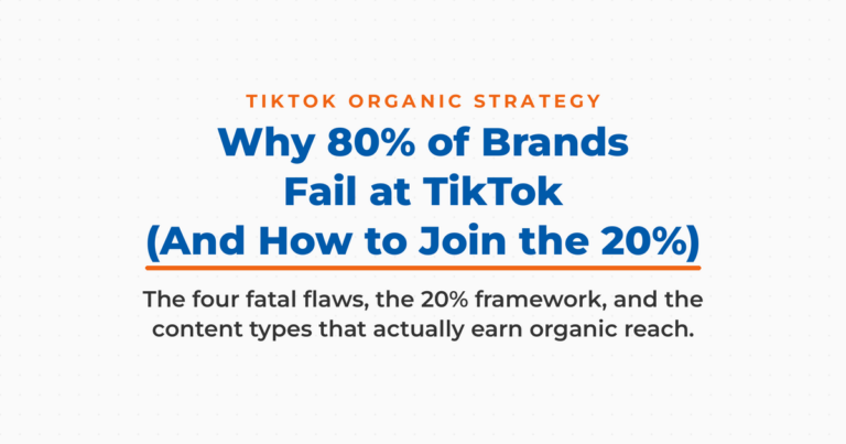 Title card reading Why 80% of Brands Fail at TikTok (And How to Join the 20%), with a subhead noting the four fatal flaws, the 20% framework, and the content types that earn organic reach.