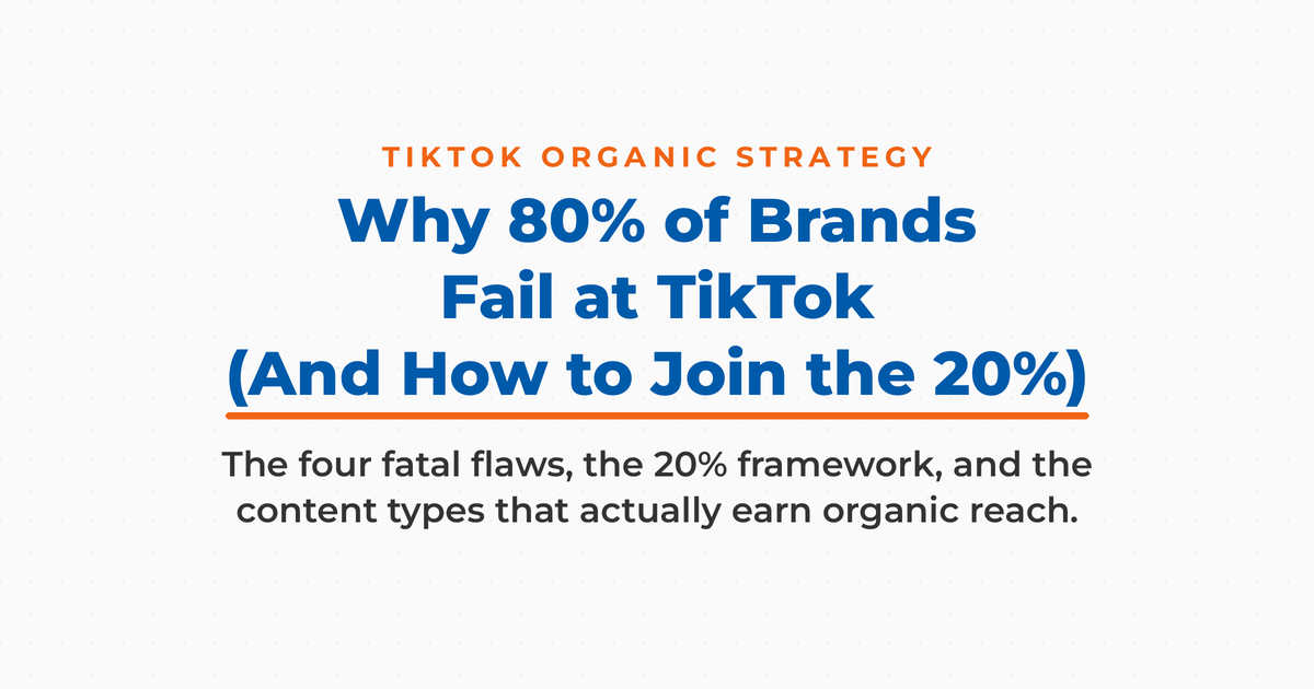 Title card reading Why 80% of Brands Fail at TikTok (And How to Join the 20%), with a subhead noting the four fatal flaws, the 20% framework, and the content types that earn organic reach.