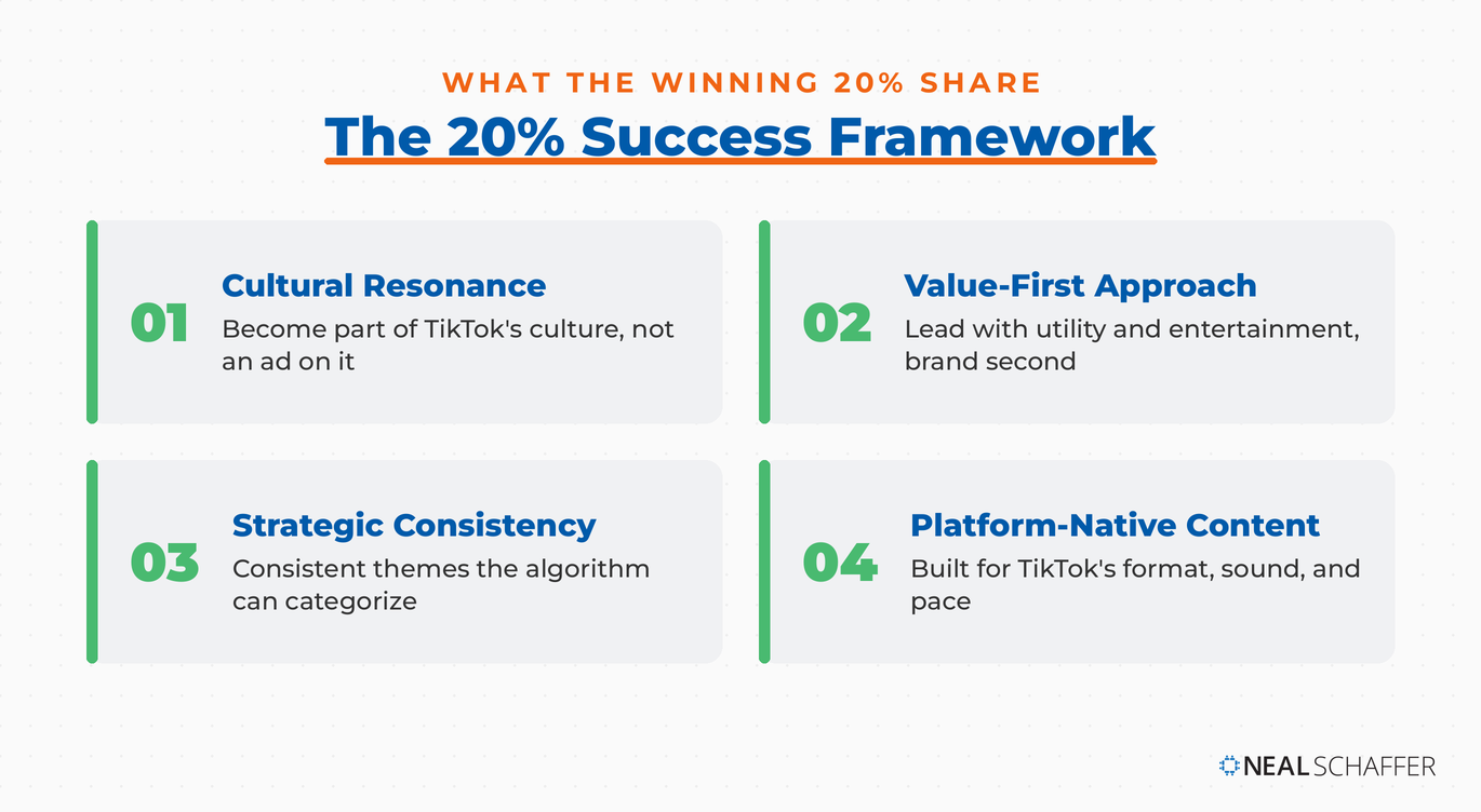Four-card diagram of the 20% success framework: Cultural Resonance, Value-First Approach, Strategic Consistency, and Platform-Native Content, each with a one-line description.