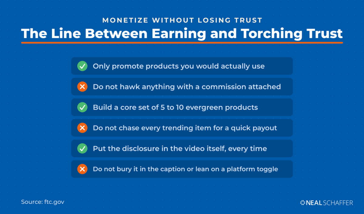 Do and do-not checklist for TikTok Shop affiliates: only promote products you would use, build 5 to 10 evergreen products, and disclose in the video itself, not the caption or a platform toggle.