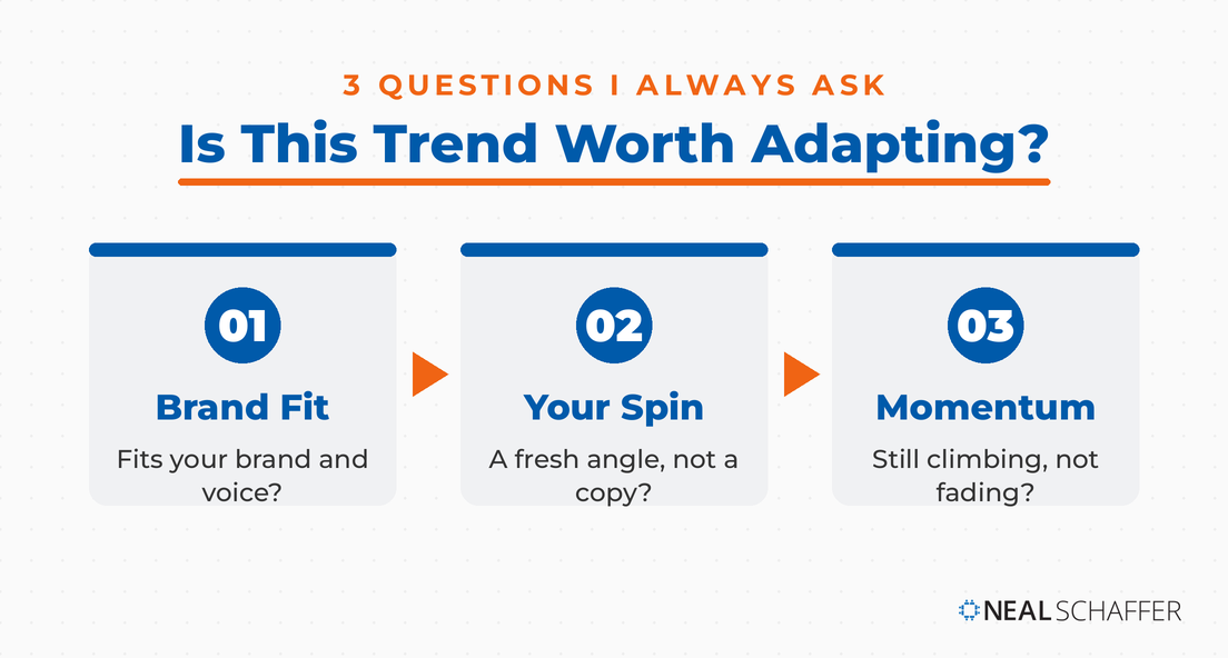 Neal Schaffer's trend adaptability filter: three questions to ask before adapting a TikTok trend, brand fit, your own spin, and momentum.