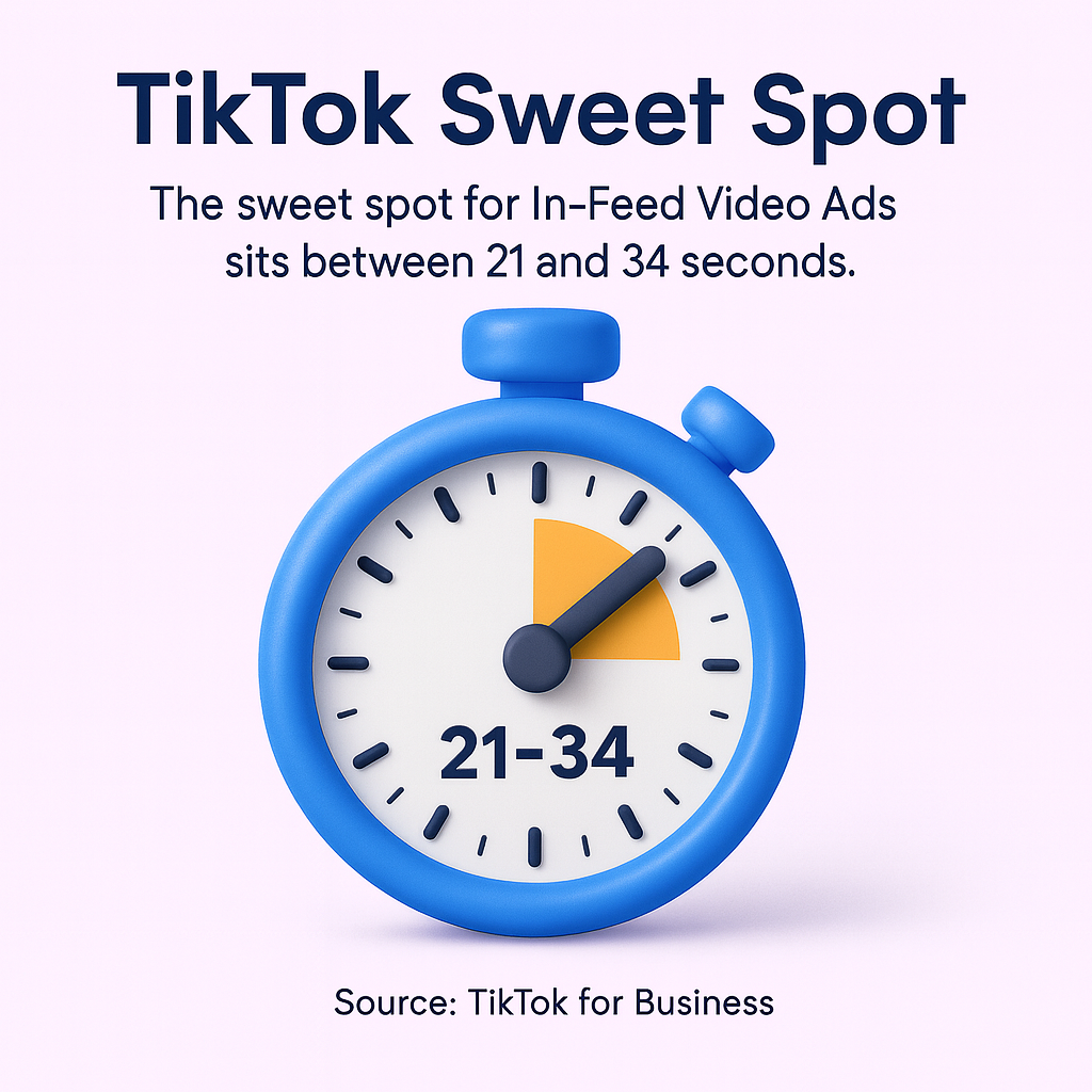 Infographic showing a blue stopwatch with highlighted yellow segment and text indicating TikTok’s recommended sweet spot for In-Feed Video Ads is 21 to 34 seconds. Source: TikTok for Business.