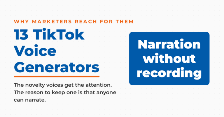 Featured graphic titled "13 TikTok Voice Generators" with an answer panel reading narration without recording.