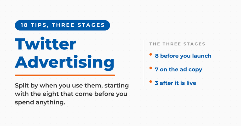 Featured graphic reading Twitter Advertising with the kicker "18 tips, three stages," and a right-hand list showing 8 tips before you launch, 7 on the ad copy, and 3 after it is live.