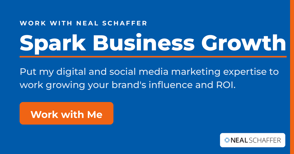 Neal Schaffer Spark Business Growth banner with a Work with Me call-to-action button linking to Neal’s Fractional CMO services.