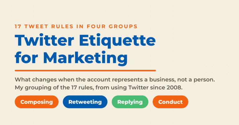 Twitter etiquette for marketing featured graphic showing the four rule groups: composing, retweeting, replying, and conduct.