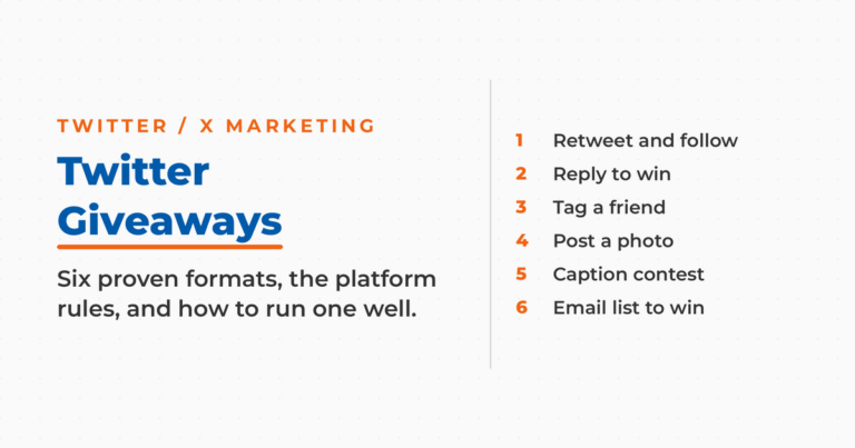 Twitter Giveaways featured graphic listing six giveaway formats: retweet and follow, reply to win, tag a friend, post a photo, caption contest, and email list to win.