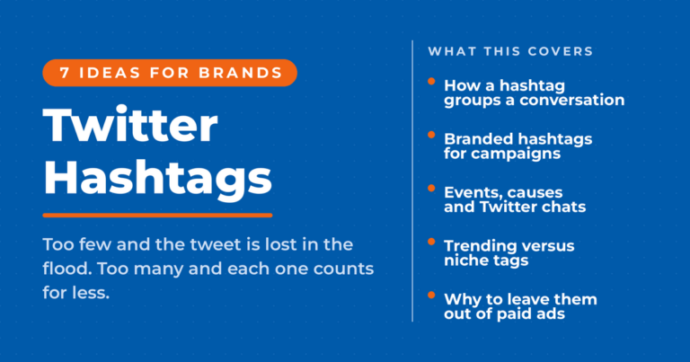 Featured card reading Twitter Hashtags, listing what the guide covers: how hashtags group a conversation, branded hashtags, events and chats, trending versus niche tags, and why to leave them out of paid ads.