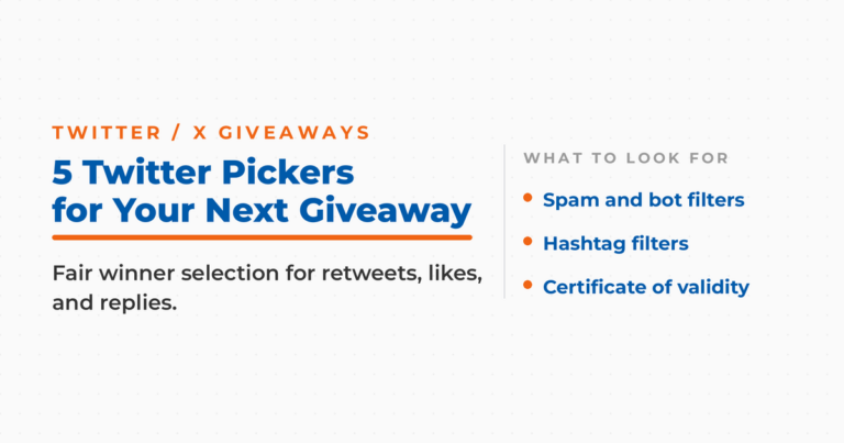 Featured graphic titled "5 Twitter Pickers for Your Next Giveaway" with a checklist of what to look for in a picker: spam and bot filters, hashtag filters, and a certificate of validity.