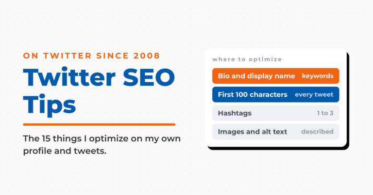 Branded featured graphic titled "Twitter SEO Tips," noting Neal has been on Twitter since 2008, with a panel listing where to optimize: bio and display name, the first 100 characters of every tweet, one to three hashtags, and described images.