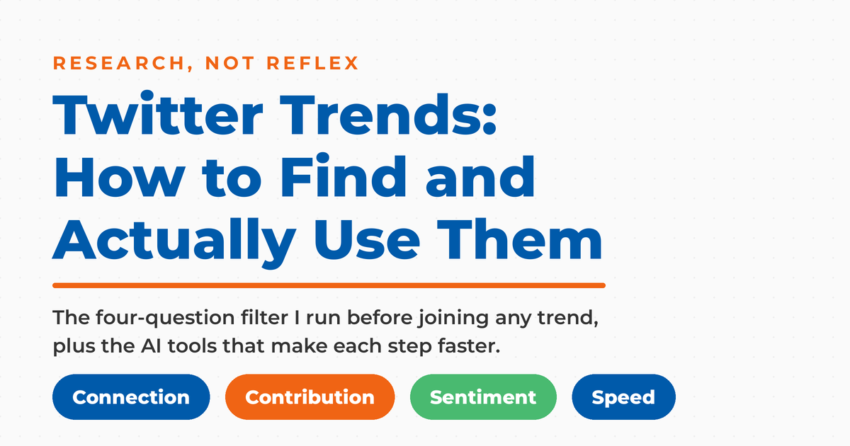 Twitter trends featured card showing Neal Schaffer’s four-question trend filter: connection, contribution, sentiment, and speed.