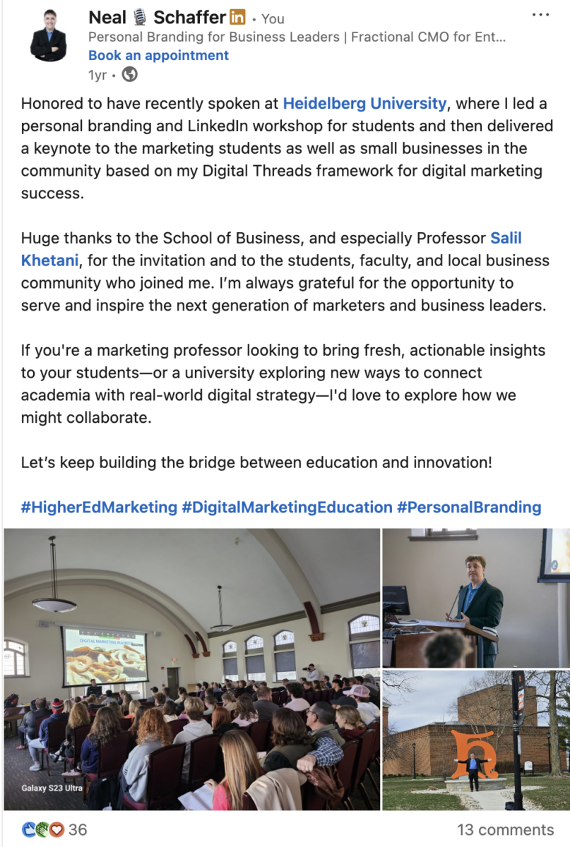 Screenshot of Neal Schaffer’s LinkedIn post about speaking at Heidelberg University, crediting the School of Business and tagging Professor Salil Khetani. Four event photos show the lecture hall, Neal at the podium, and the campus. The post shows 36 reactions and 13 comments.