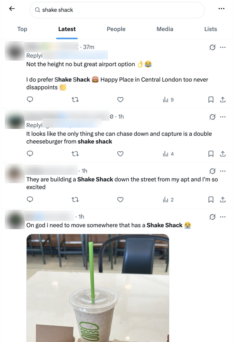 Screenshot of an X search for shake shack with the Latest tab selected. Four posts from the past hour mention the brand in plain text and none of them carries an at-tag. Handles and avatars are blurred. The fourth post includes a customer’s own photo of a shake cup with the Shake Shack logo on it.