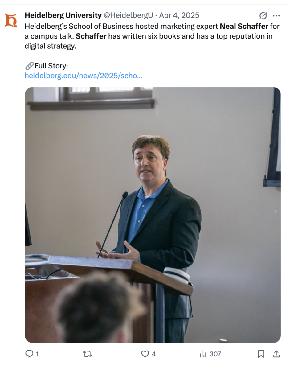 Screenshot of an X post from Heidelberg University dated April 4, 2025, reading that Heidelberg’s School of Business hosted marketing expert Neal Schaffer for a campus talk and that Schaffer has written six books. His name appears twice in plain text with no at-tag. A photo shows him speaking at a podium. Engagement reads one reply, no reposts, four likes and 307 views.