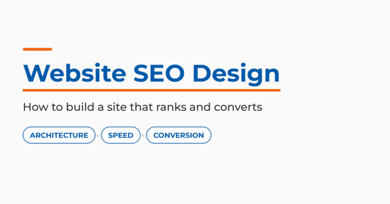 Featured graphic reading Website SEO Design, how to build a site that ranks and converts, with architecture, speed, and conversion labels.