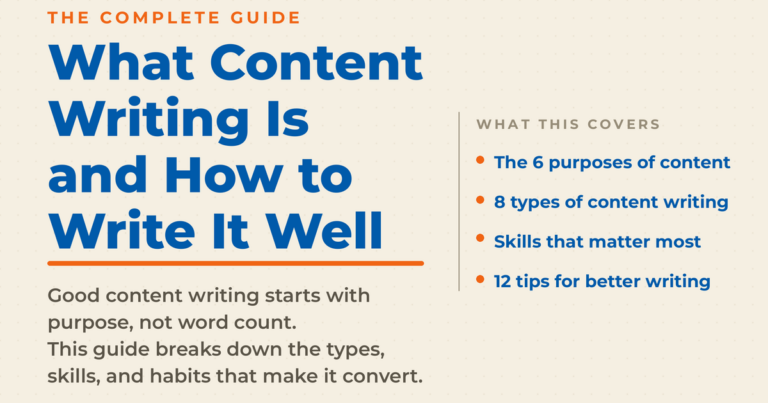 What Content Writing Is and How to Write It Well, a complete guide covering the 6 purposes of content, 8 types of content writing, the skills that matter most, and 12 tips for better writing.