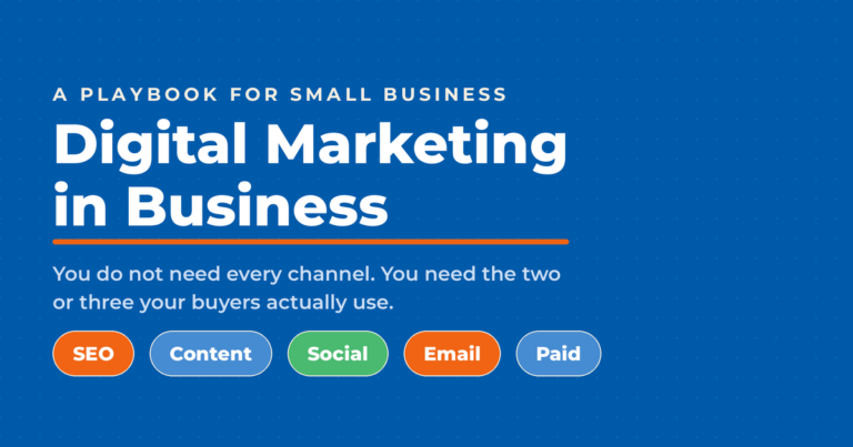 Featured card for a digital marketing guide for entrepreneurs and small businesses, showing the five core channels: SEO, content, social, email, and paid.