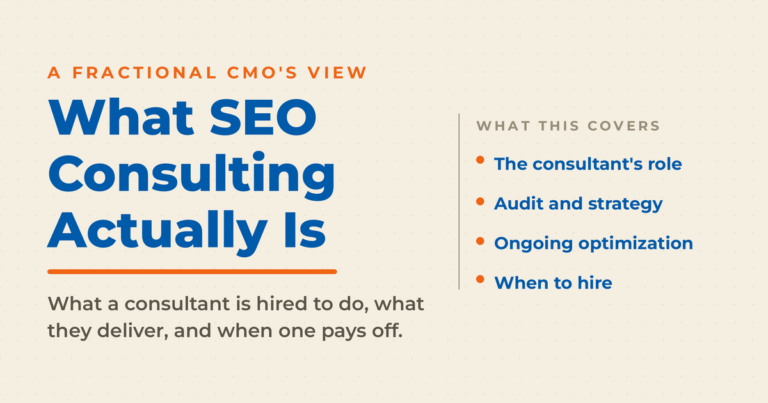 What SEO consulting actually is featured graphic covering the consultant's role, audit and strategy, ongoing optimization, and when to hire.